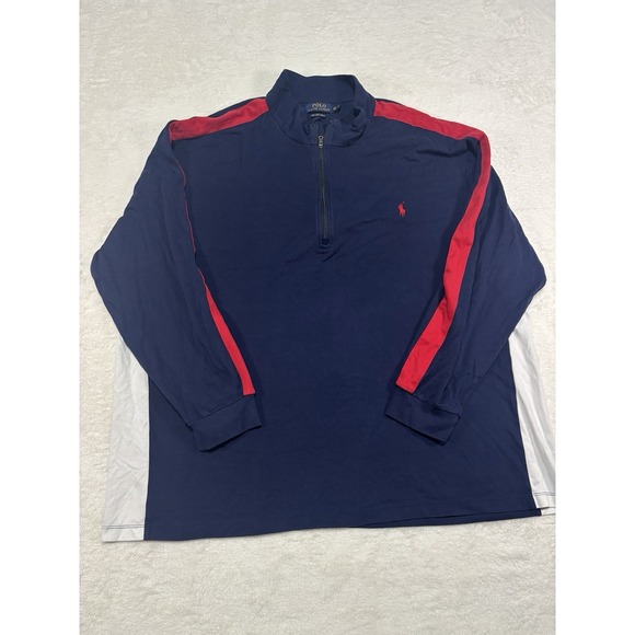 Polo Ralph Lauren Pullover Mens 2XLT Soft Touch 1/4 Zip Red Stripe Blue - Picture 1 of 9